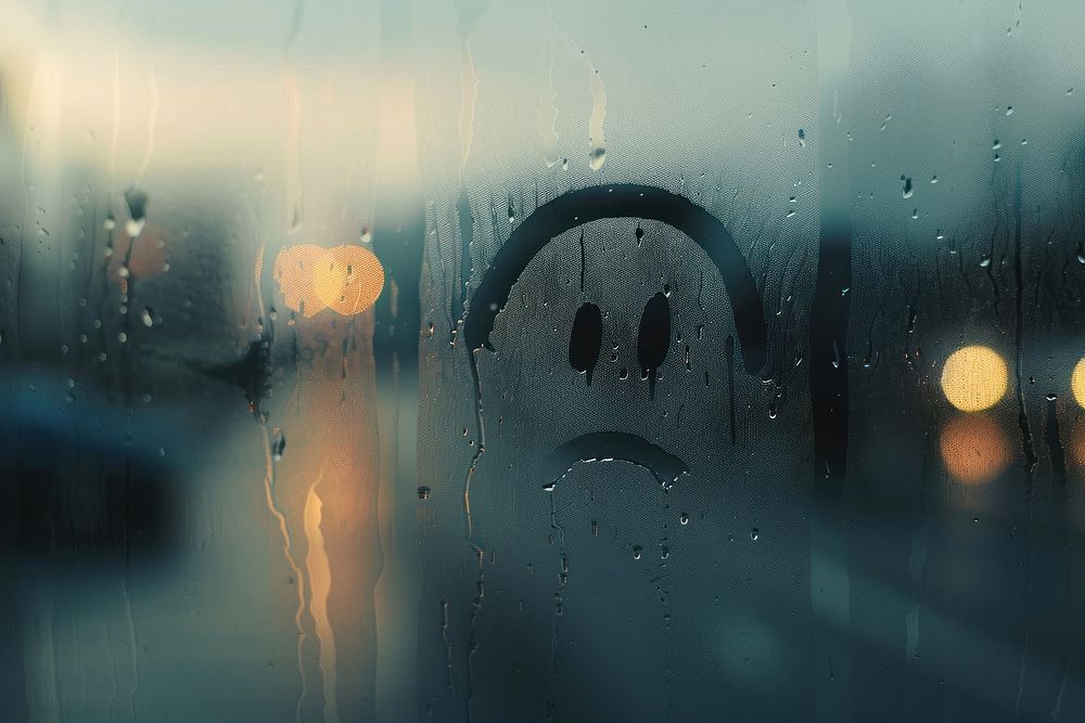 Sad face doodle silhouette window glass condensation.