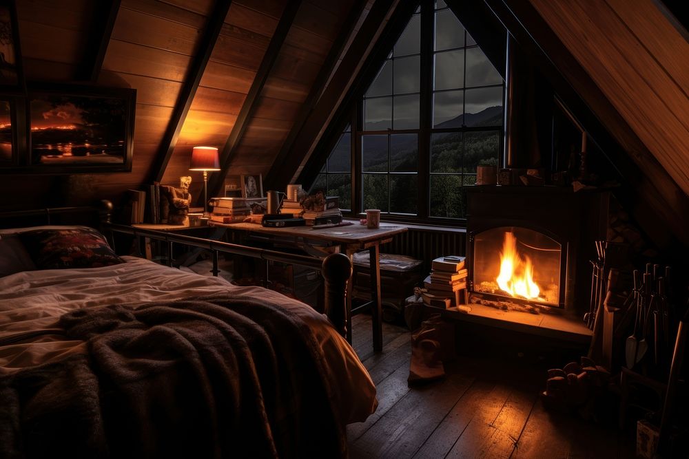 Cozy room aesthetic dark architecture furniture fireplace.