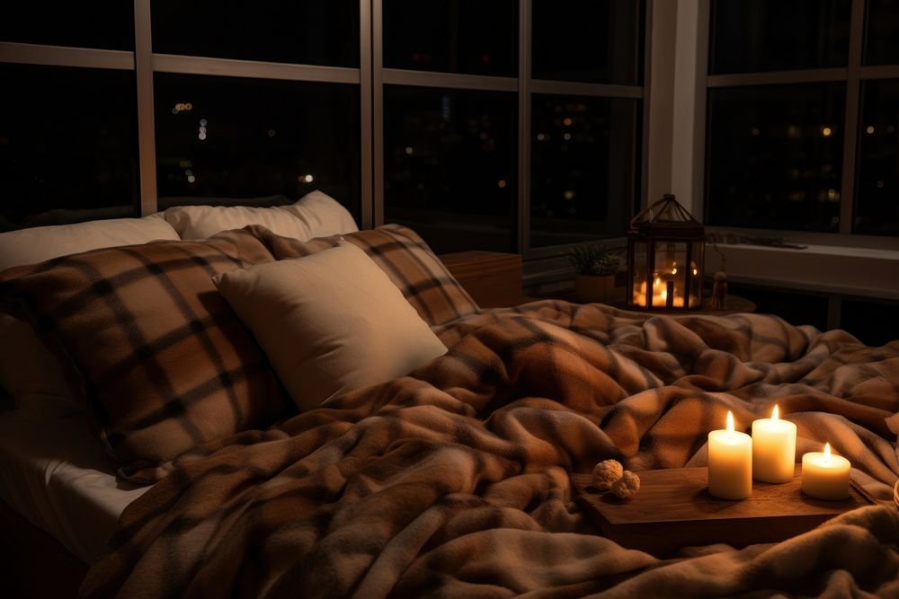 Cozy room aesthetic dark furniture blanket pillow.