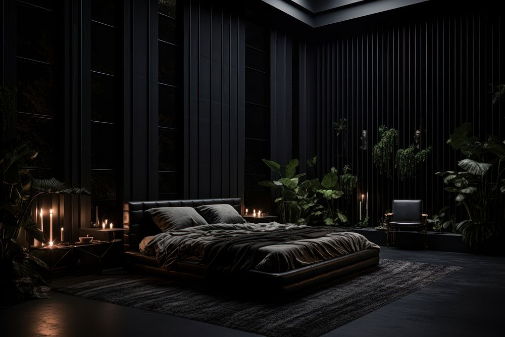 Cozy room aesthetic dark furniture bedroom architecture.