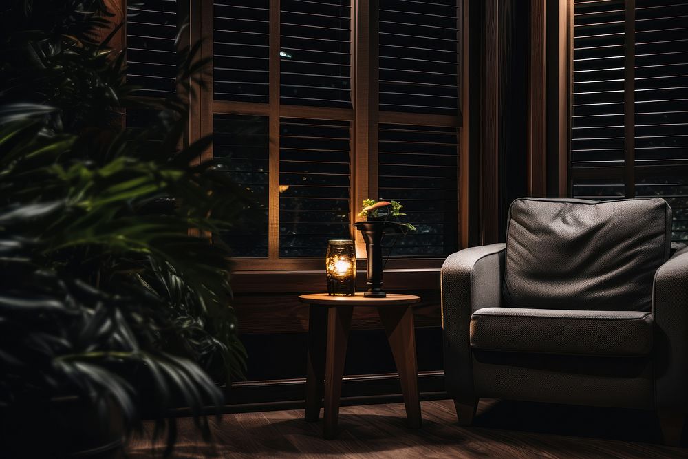 Cozy room aesthetic dark furniture window chair.