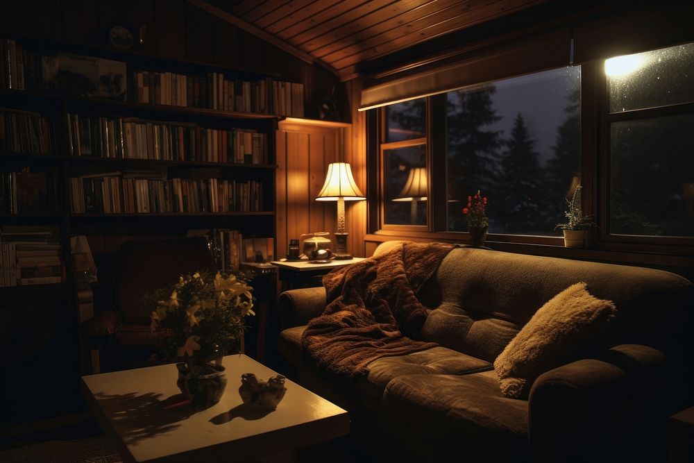 Cozy room aesthetic dark architecture furniture building.