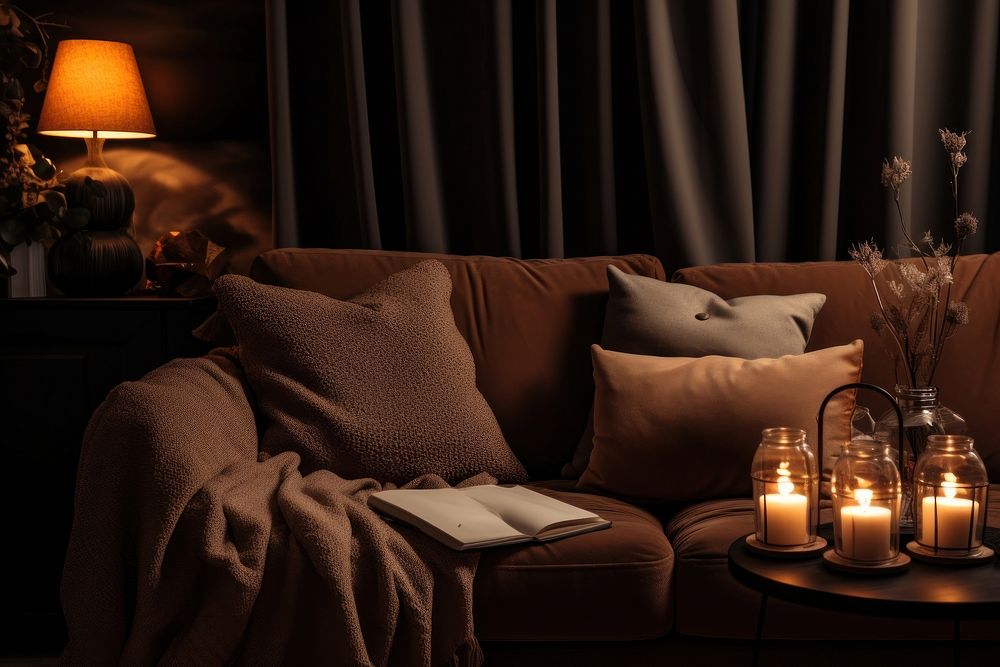 Cozy room aesthetic dark furniture cushion pillow.