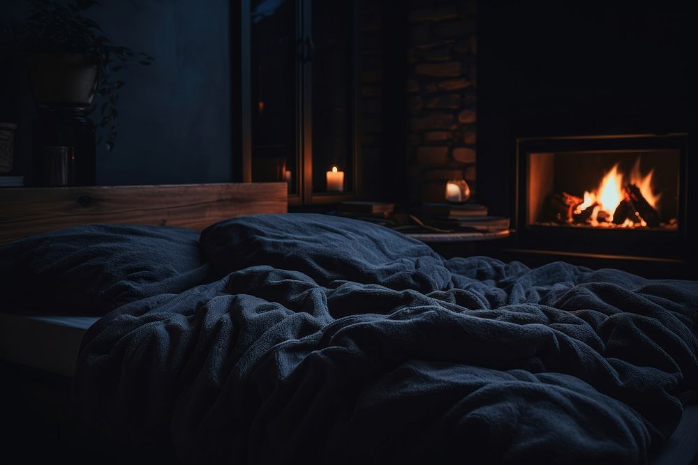 Cozy room aesthetic dark furniture fireplace blanket.