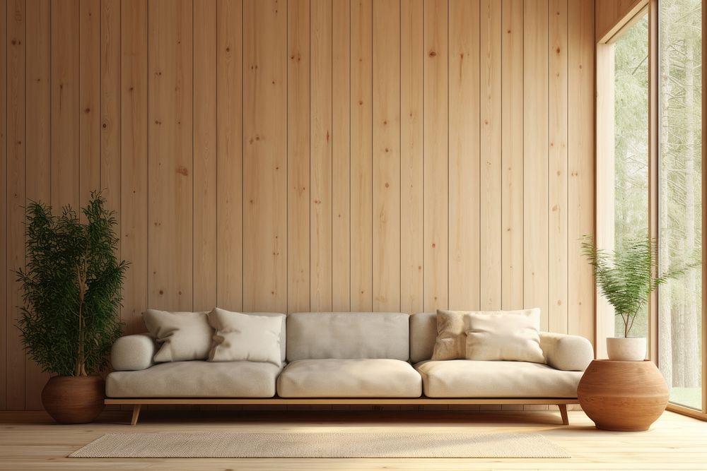 Cozy wooden room aesthetic furniture cushion plant.