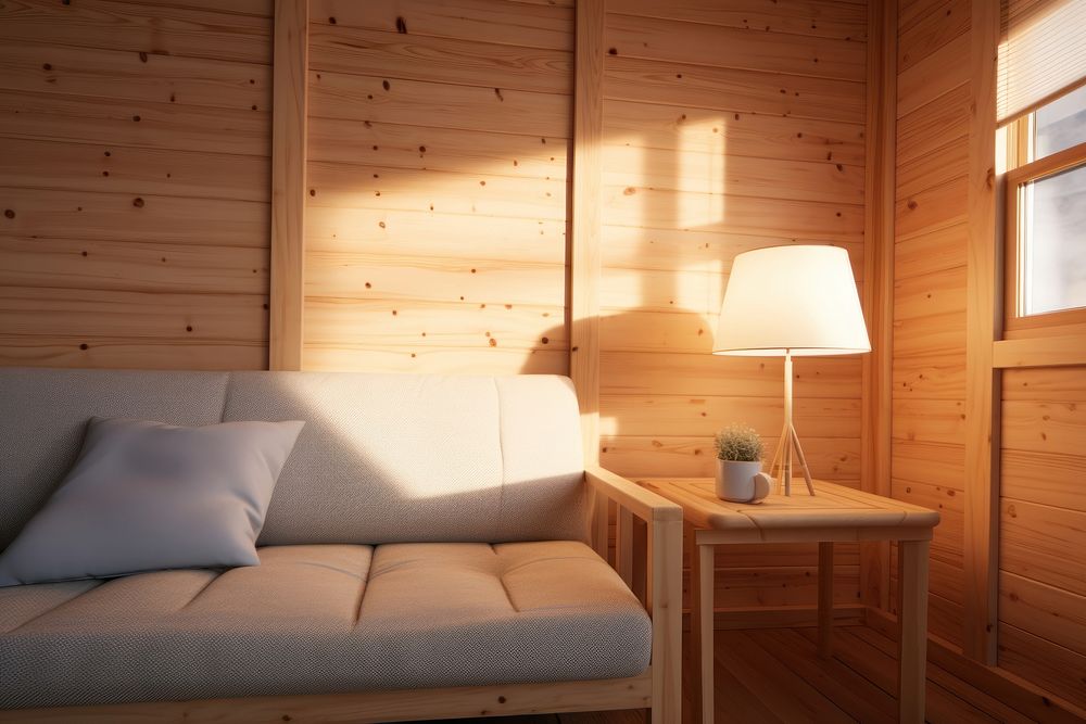 Cozy wooden room aesthetic furniture lamp architecture.
