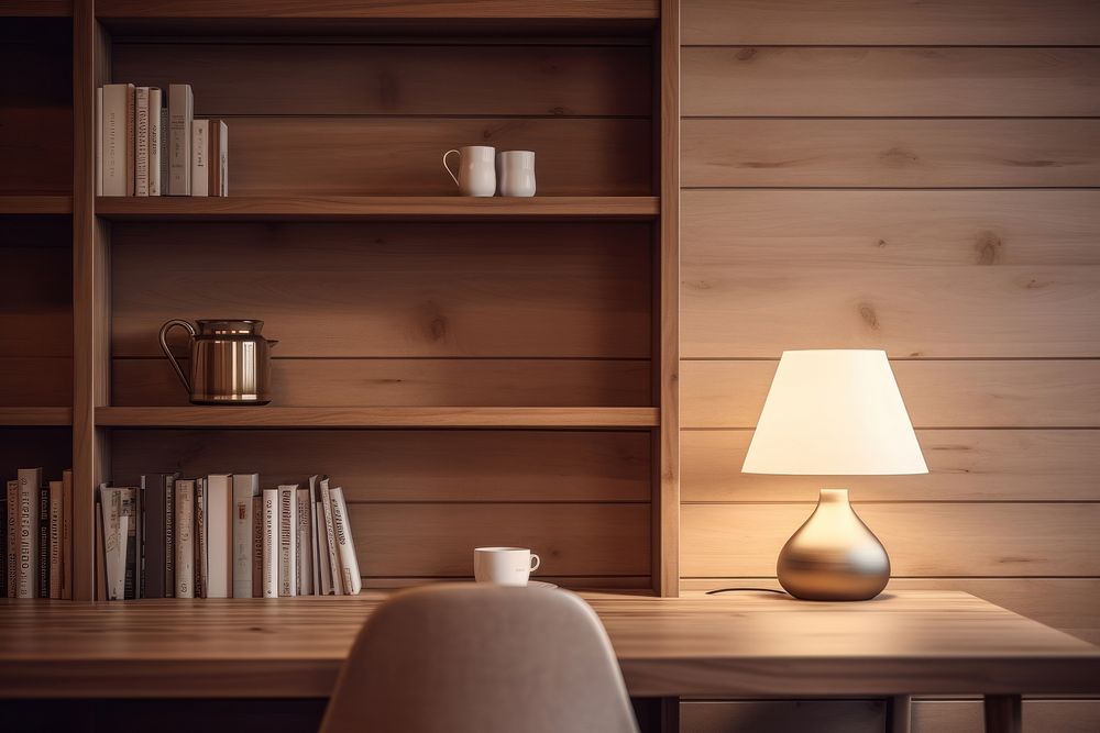 Cozy wooden room aesthetic furniture bookshelf bookcase.