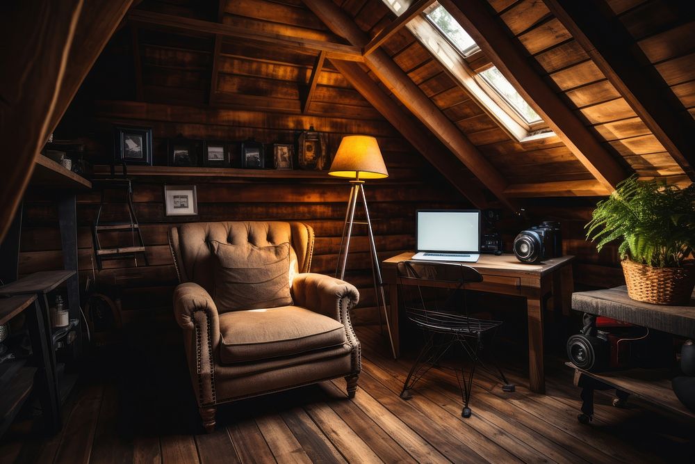 Cozy wooden room aesthetic architecture furniture computer.