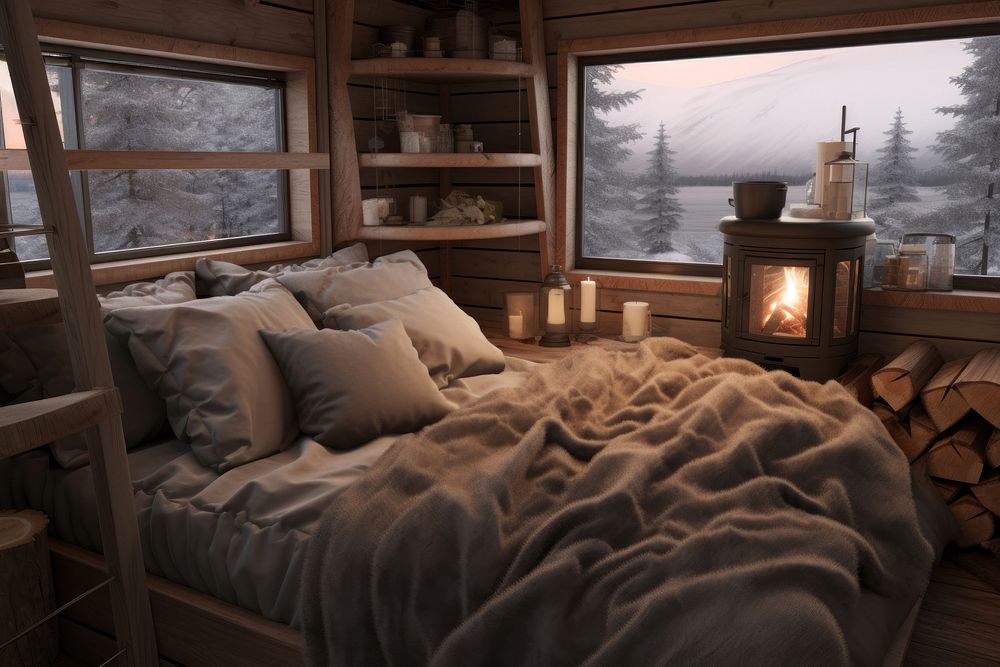 Cozy wooden room aesthetic architecture furniture fireplace.