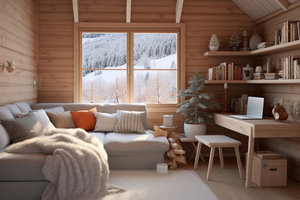 Cozy wooden room aesthetic architecture furniture building.
