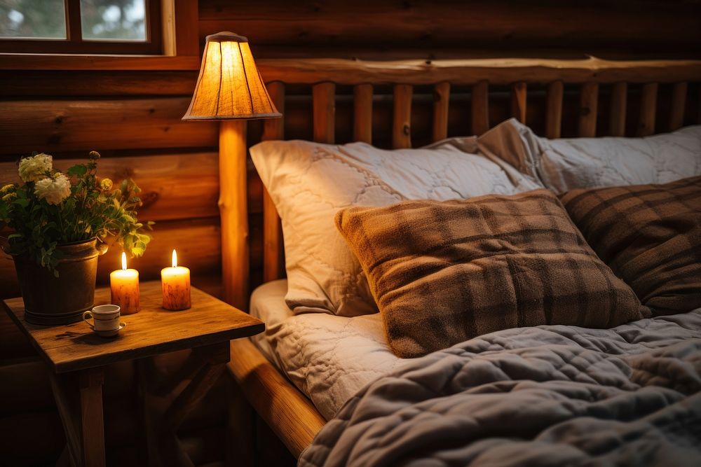 Cozy wooden room aesthetic furniture pillow bed.