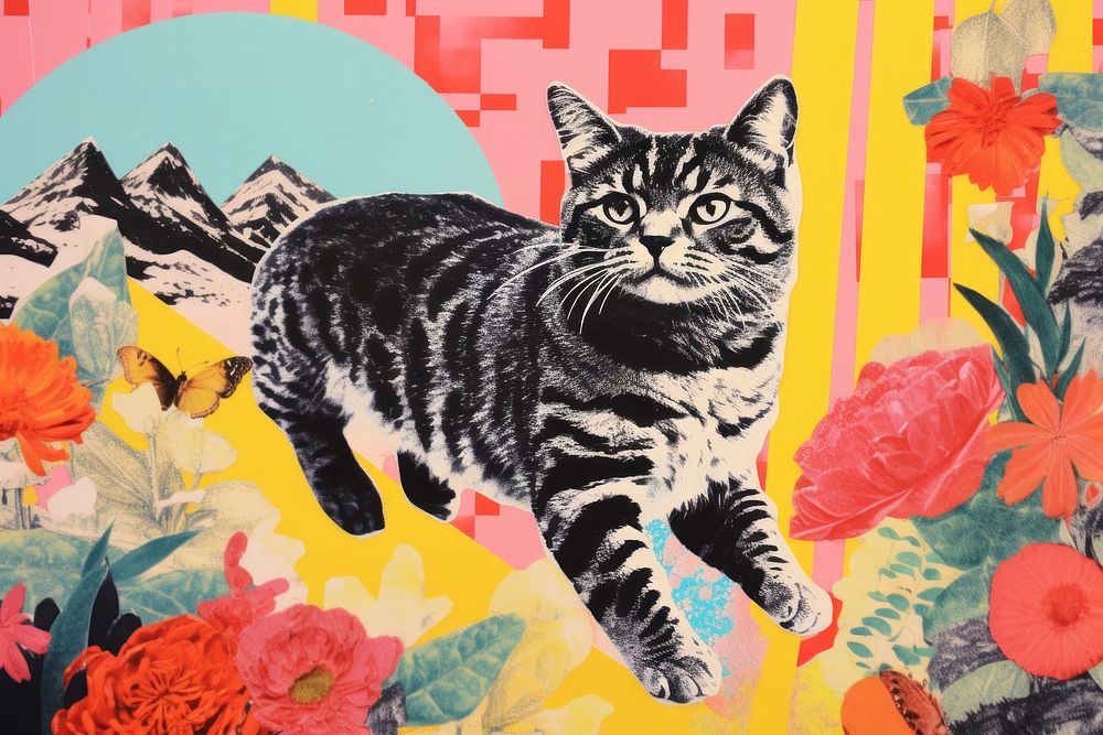 Cat running collage painting pattern.