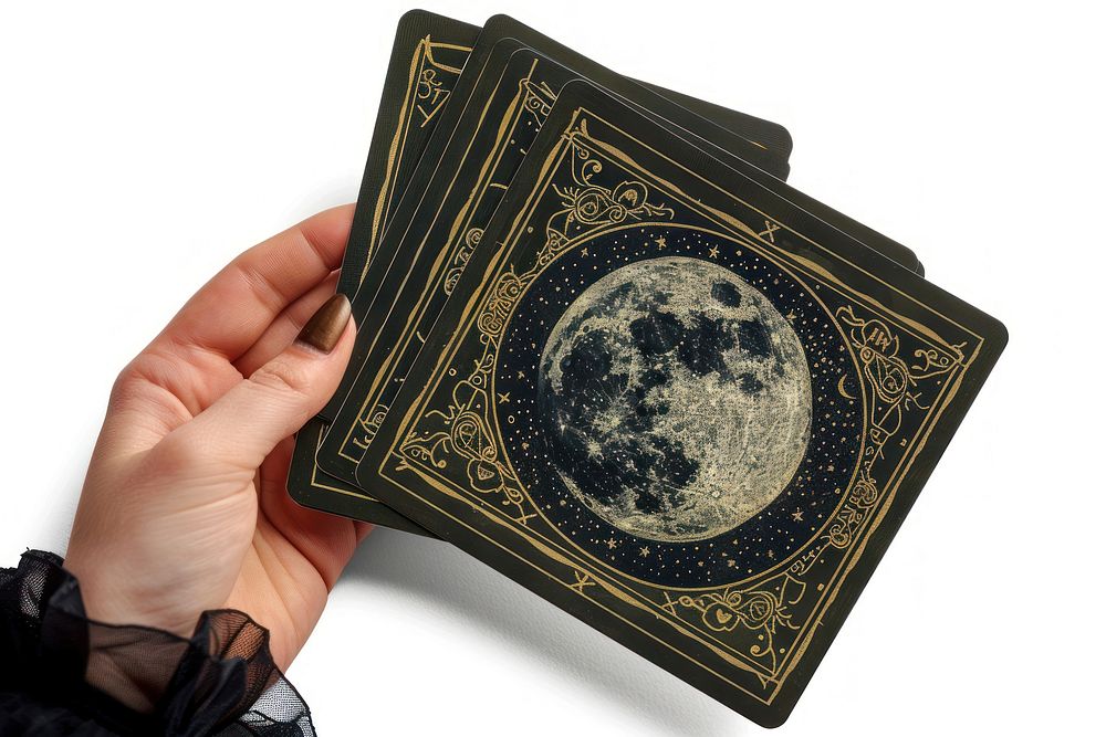 Moon tarot card gambling hand white background.