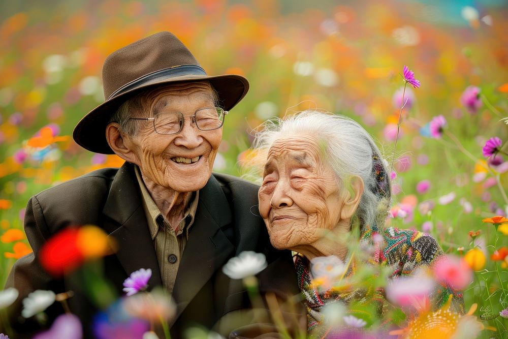 Thai elderly couple flower photo photography.