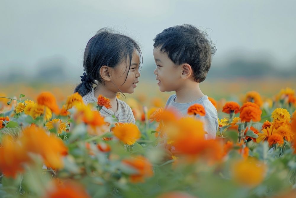 Thai kid twin couple flower asteraceae outdoors.