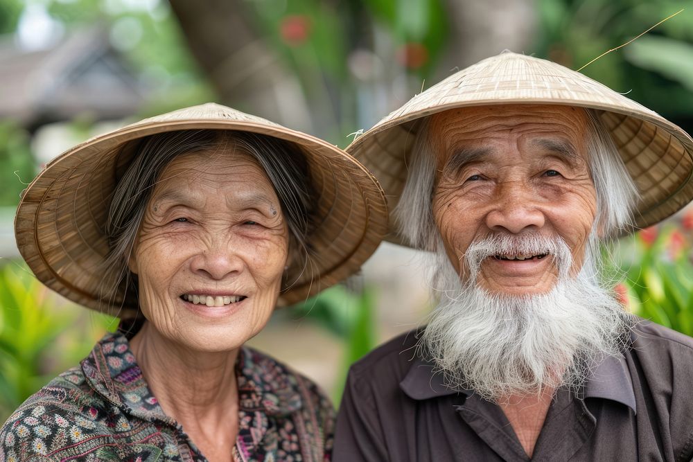 Vietnamese elderly couple clothing laughing apparel.