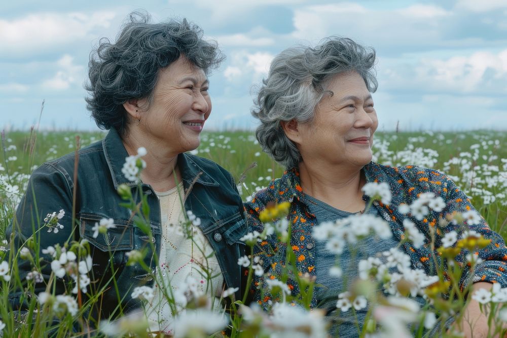 Filipino LGBTQ elderly couple flower photo field.