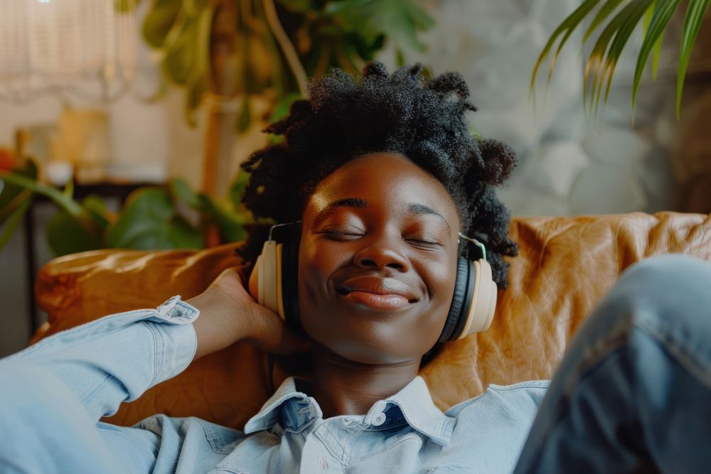 Black woman headphones electronics headset.