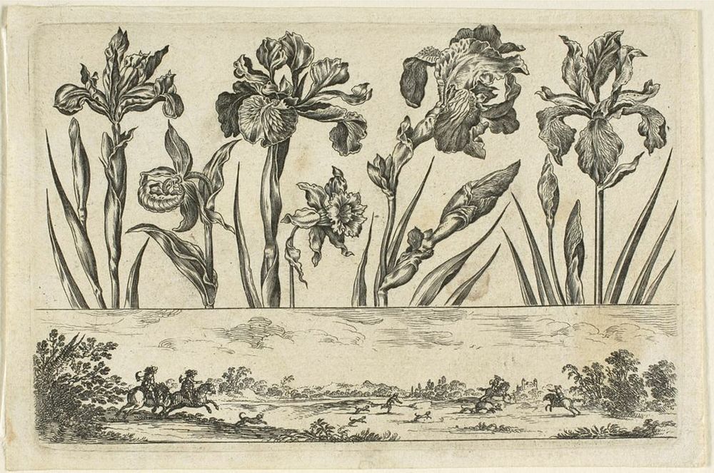 Flowers and Hunting Scene, from Livre Nouveau de Fleurs... by Nicolas Cochin