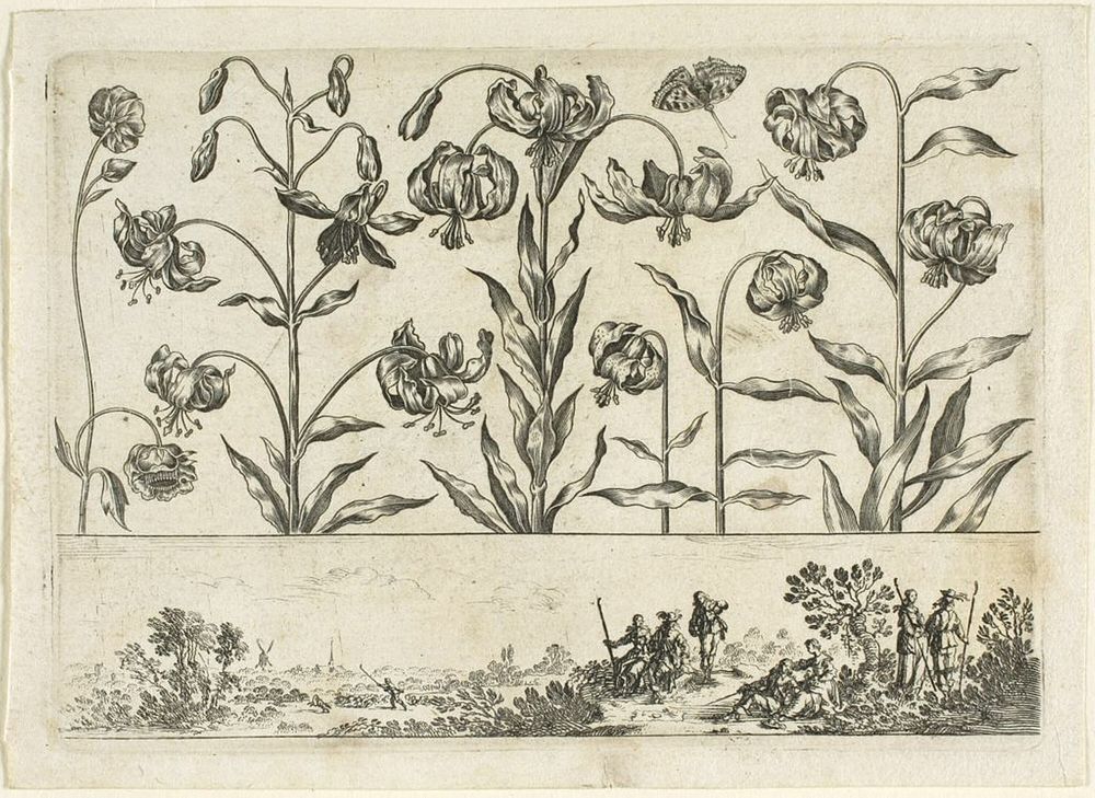 Flowers and Hunting Scene, from Livre Nouveau de Fleurs... by Nicolas Cochin