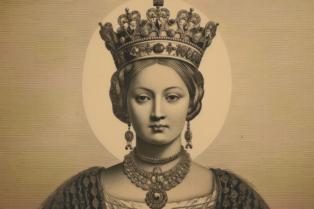 A Queen wearing crown necklace portrait jewelry.