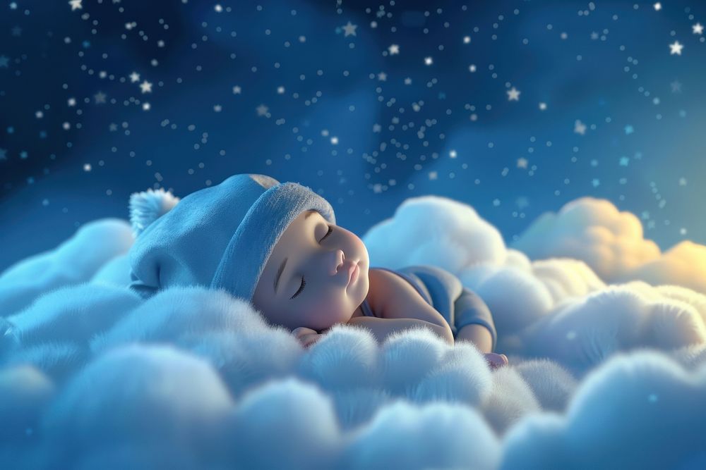 Baby sleeping on a cloud cartoon outdoors blanket.