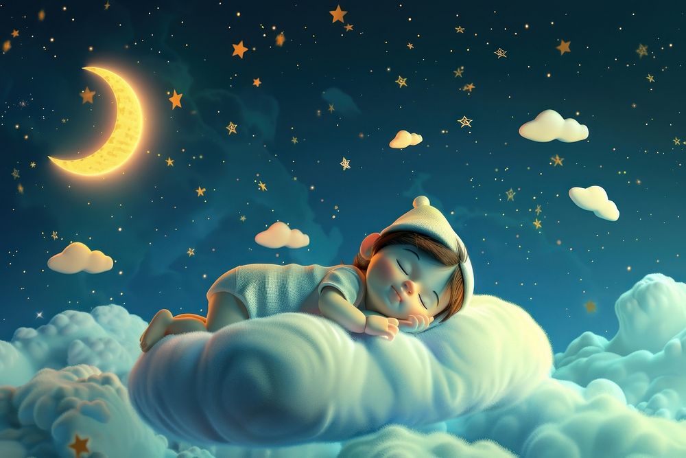 Baby sleeping on a cloud cartoon night astronomy.