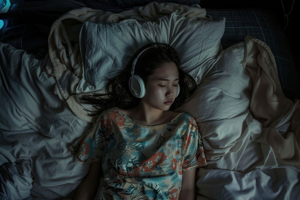 Woman wearing a headphone headphones photo bed.