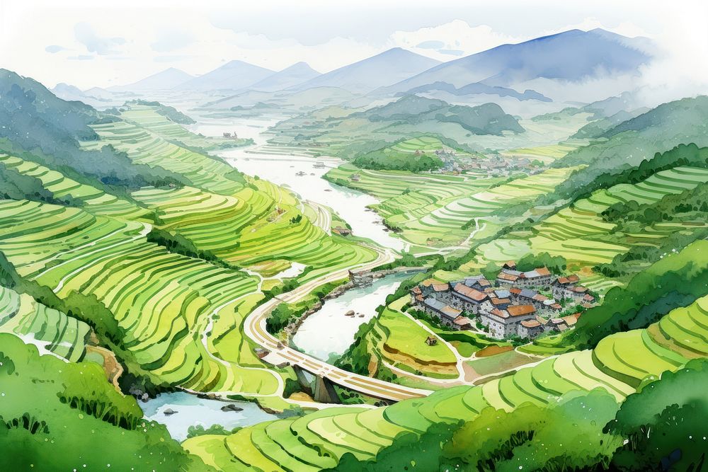Rice field water countryside landscape.