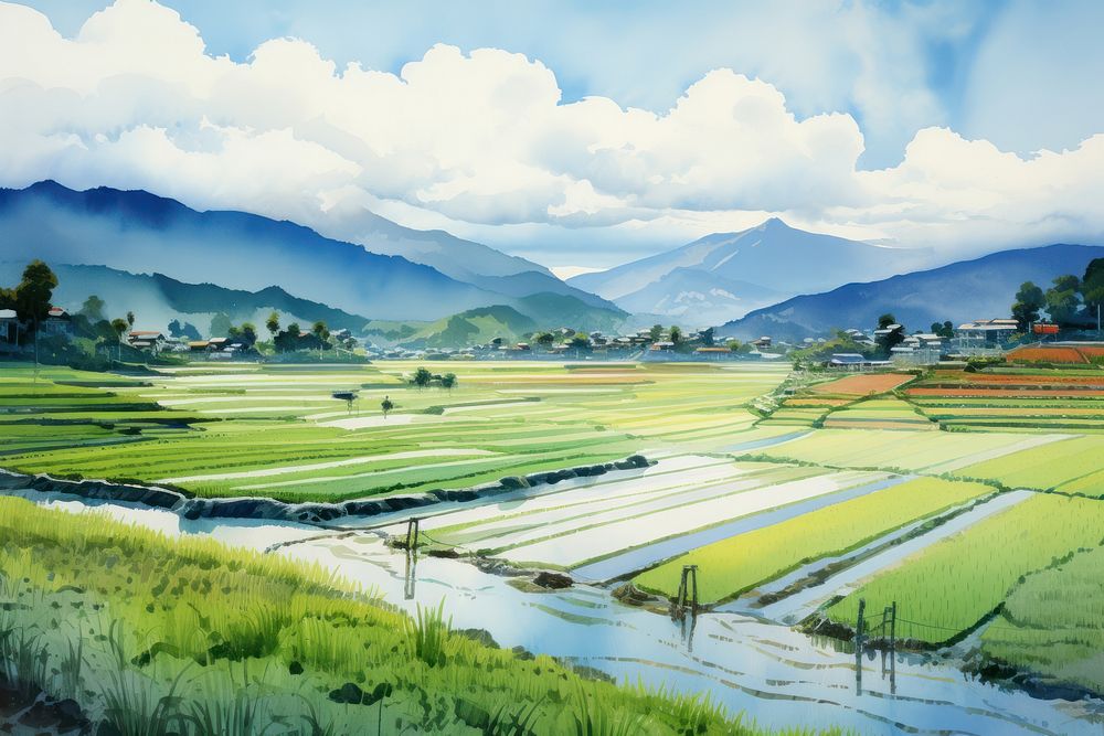 Rice field countryside landscape outdoors.