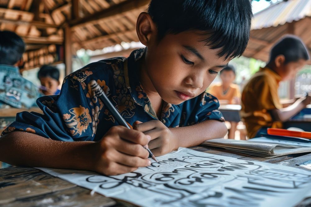 Laos teenager drawing calligraphy writing student person.