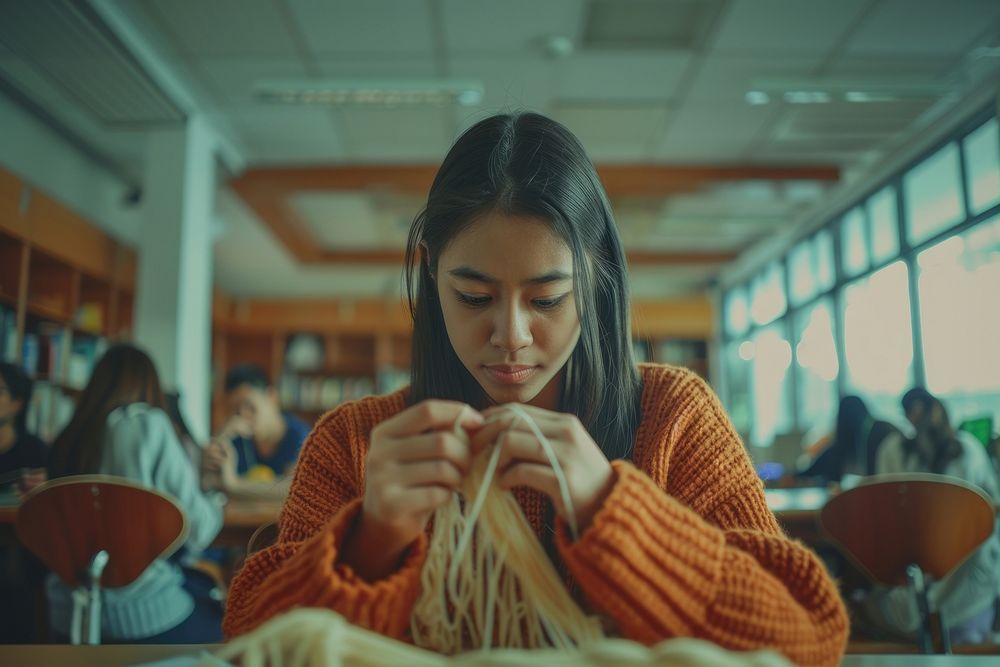 Teenager Filipino knitting furniture female person.