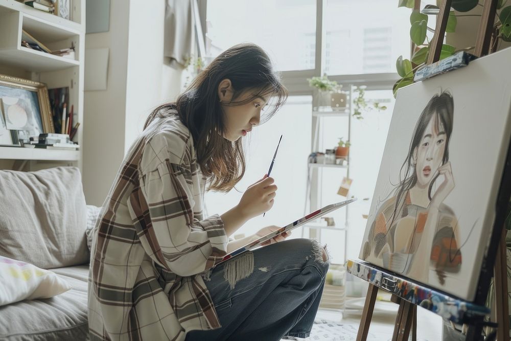 Thai teenager painting illustrated drawing sitting.