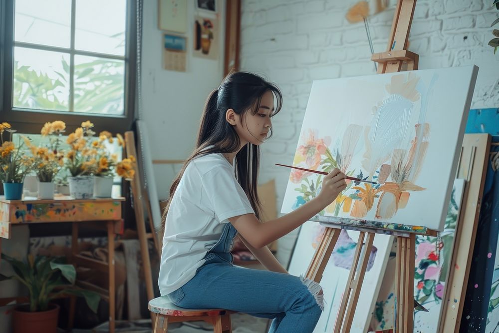Thai teenager painting canvas illustrated furniture.