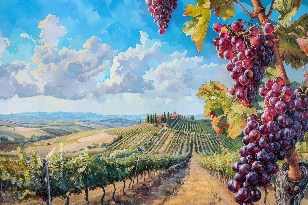 Tuscan vineyard with red grapes countryside outdoors produce.