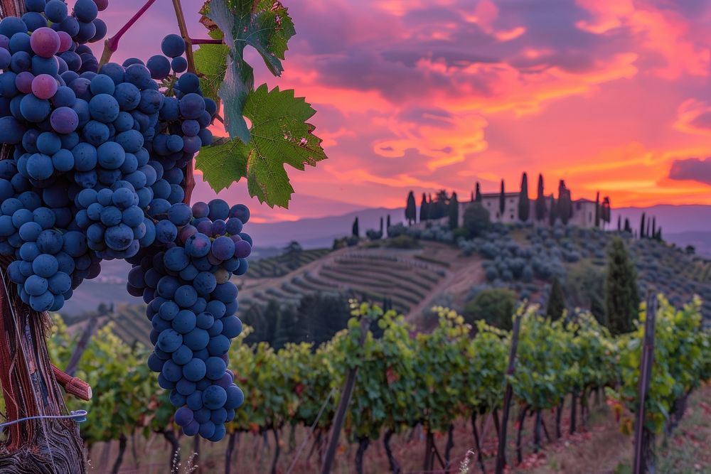 Tuscan vineyard with red grapes countryside outdoors beverage.
