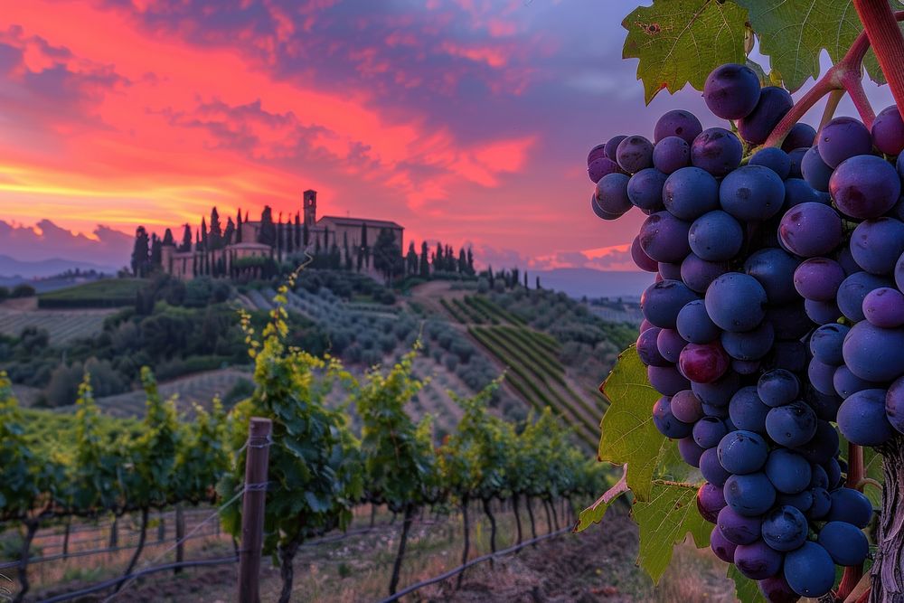 Tuscan vineyard with red grapes countryside outdoors beverage.