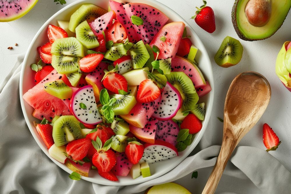 Fruit salad spoon plate bowl.