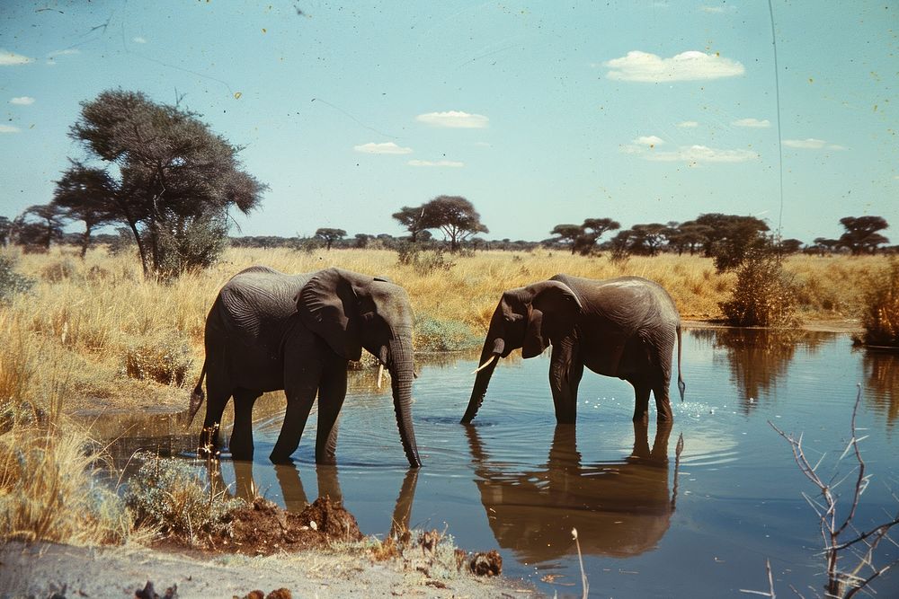 Two elephant water vegetation grassland.