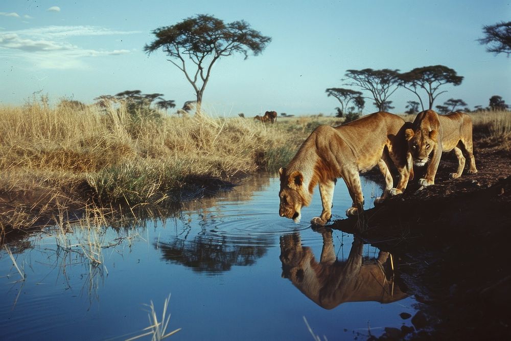 Two lions water wilderness vegetation.