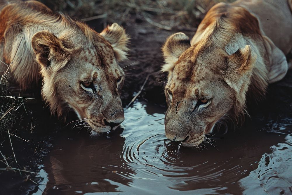 Two lions water wildlife outdoors.