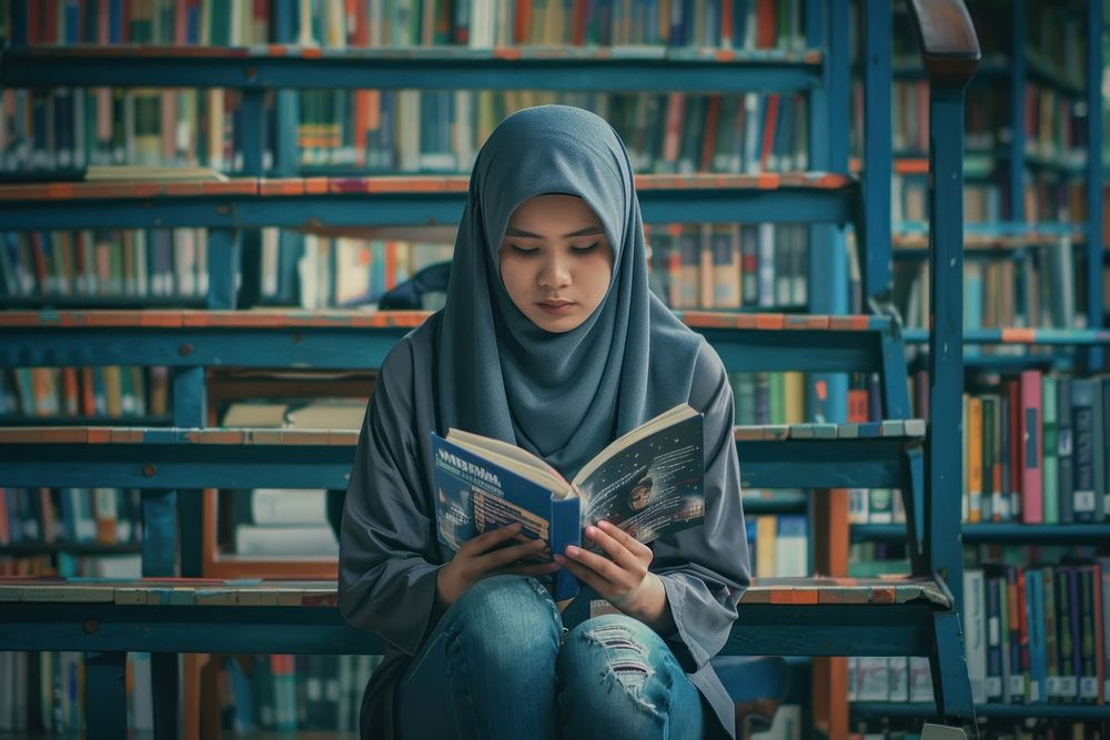 Teenager Indonesian woman reading library book publication.
