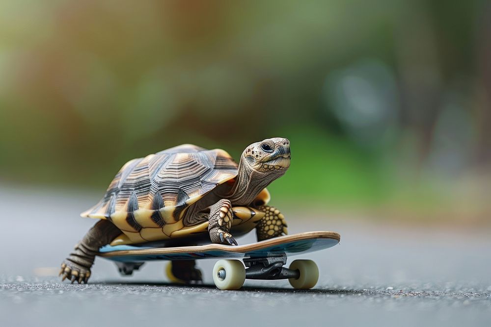 Tortoise riding on a skateboard reptile animal turtle.