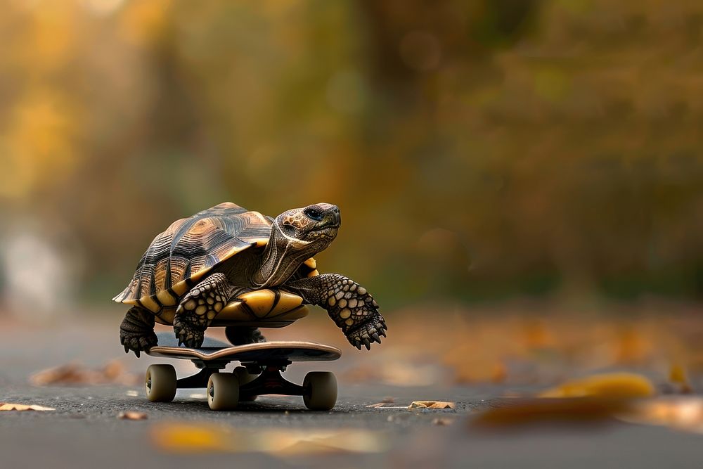 Tortoise riding on a skateboard reptile animal turtle.