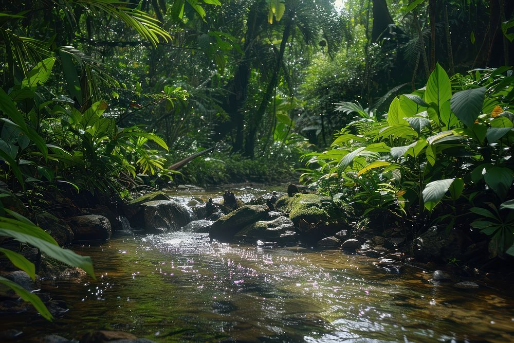 Creek in rainforest creek vegetation outdoors.