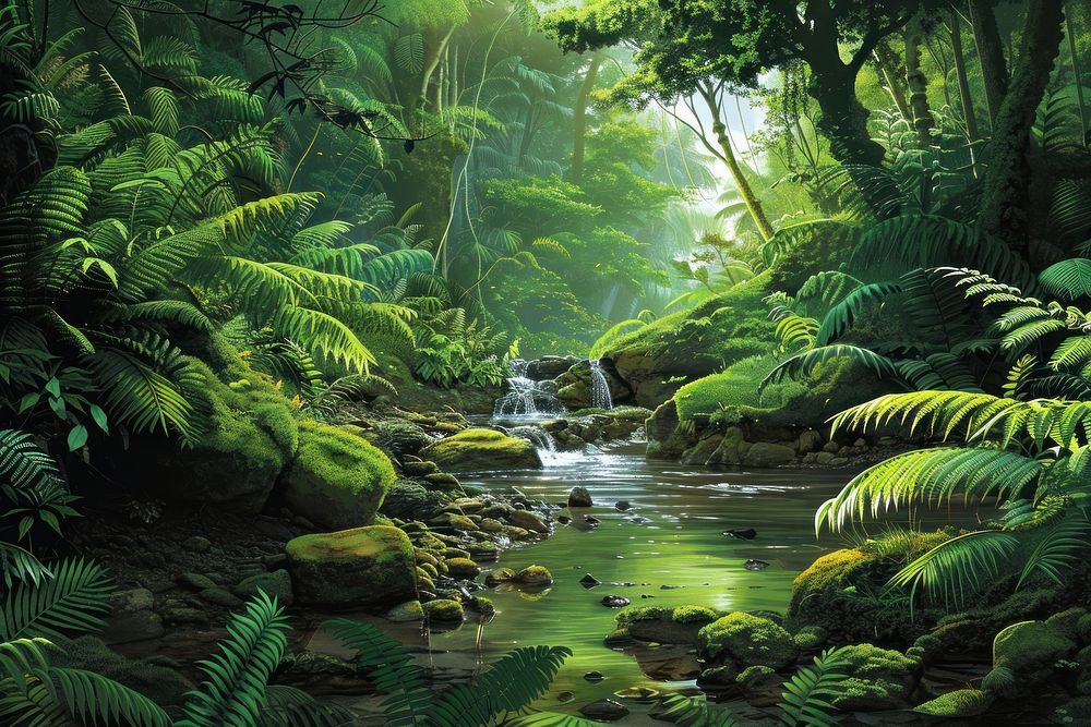 Creek in rainforest vegetation outdoors woodland.