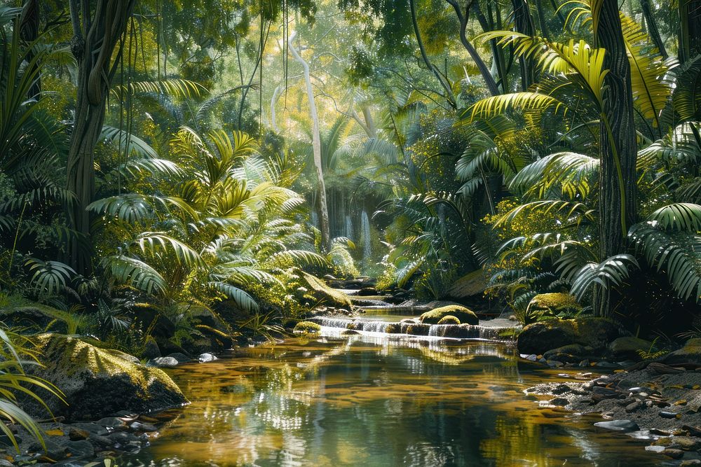 Creek in rainforest vegetation outdoors woodland.