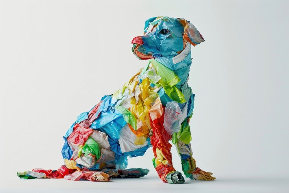 Dog made from plastic person paper human.