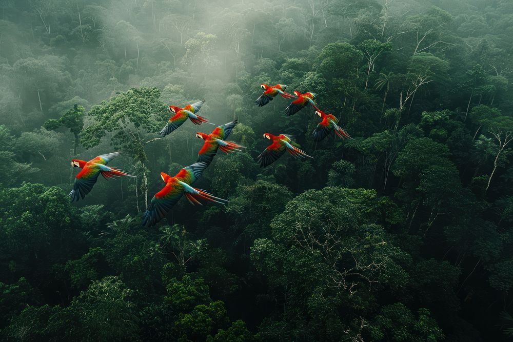 Macaws flying rainforest vegetation outdoors.