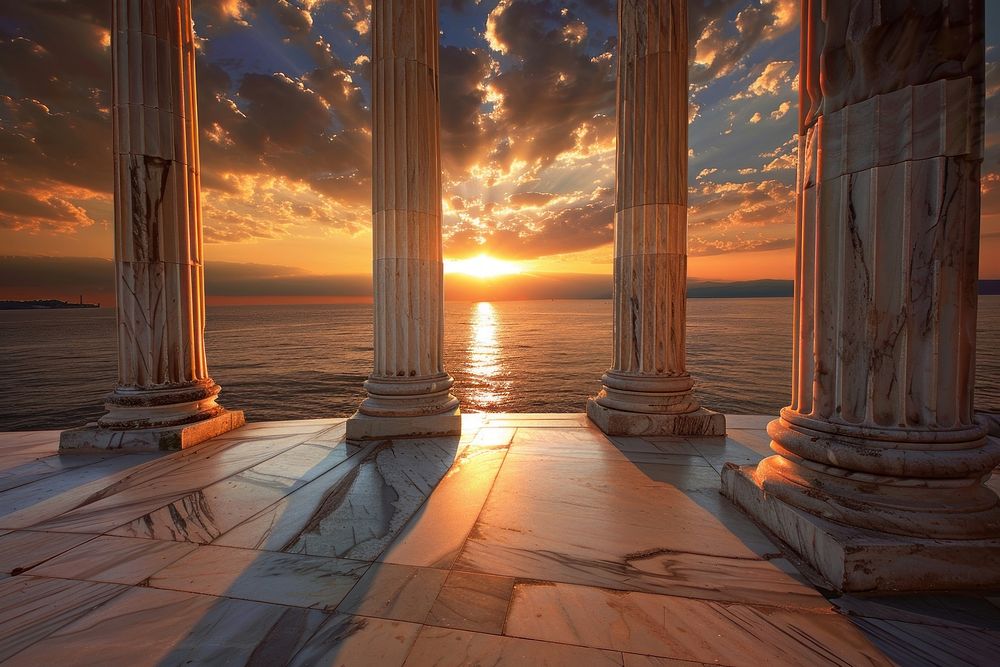 Ionic marble columns sunset outdoors sunlight.